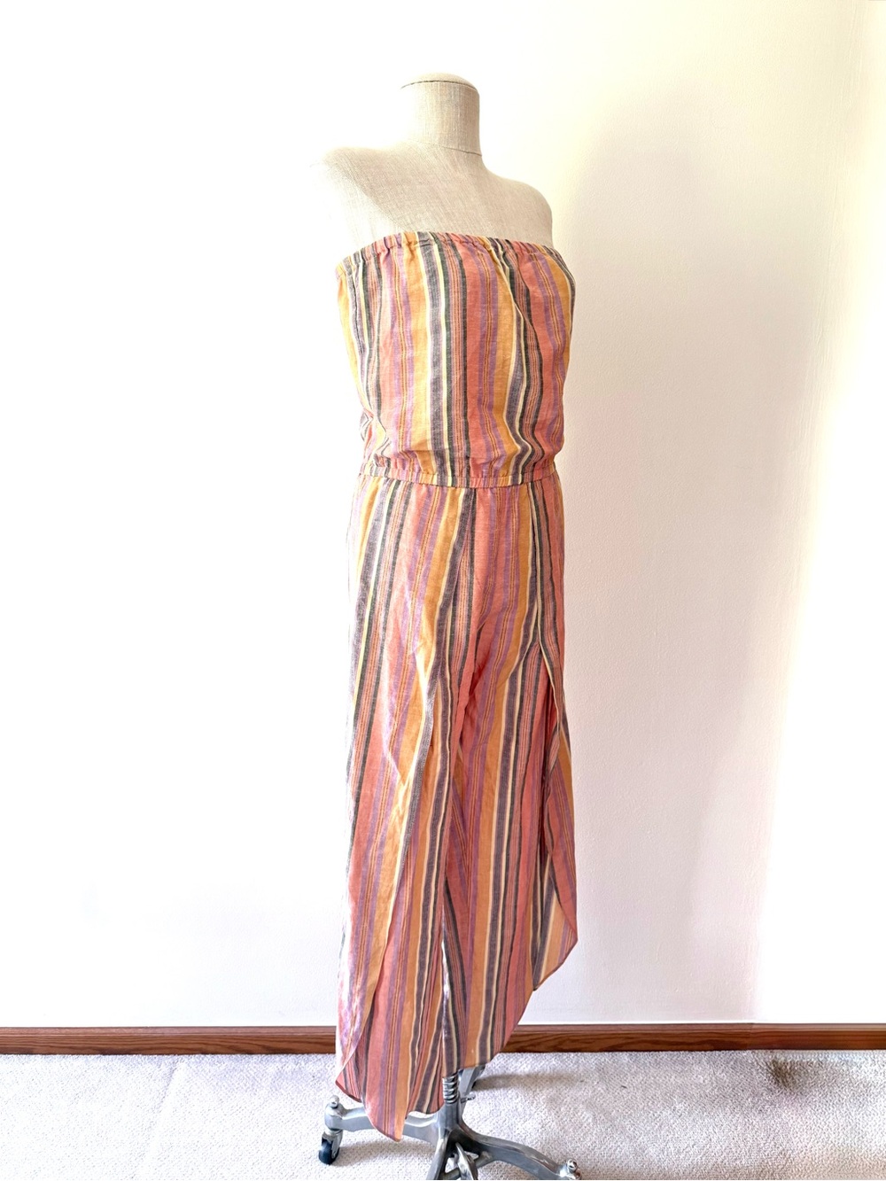 Anthro Drew Emerson XS Linen Strapless Tulip Split Leg Rainbow Striped Jumpsuit - Picture 6 of 15